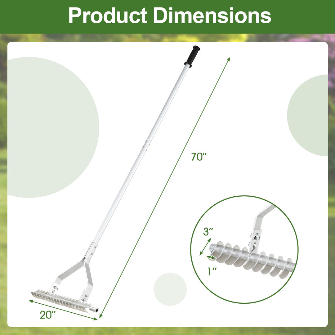 20 Inches Wide Aluminum Lawn Loosening Soil Rake with Long Handle and 19 Curved Tines