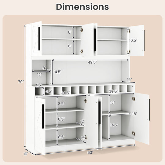 70 Inch Farmhouse Pantry Cabinet Kitchen Buffet Hutch with 4 Cabinets and 2 Open Shelves