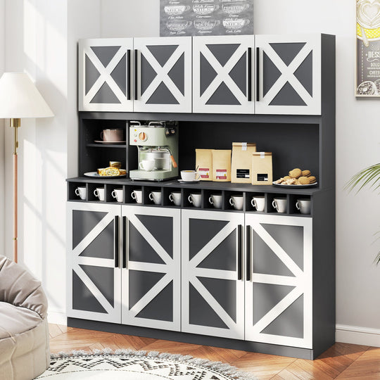 70 Inch Farmhouse Pantry Cabinet Kitchen Buffet Hutch with 4 Cabinets and 2 Open Shelves