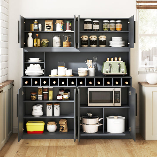 70 Inch Farmhouse Pantry Cabinet Kitchen Buffet Hutch with 4 Cabinets and 2 Open Shelves