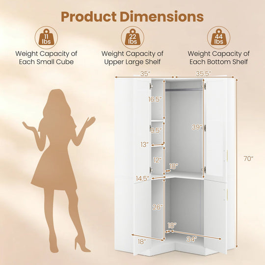 70 Inch L-Shaped Armoire Corner Wardrobe Closet with Hanging Rod-White