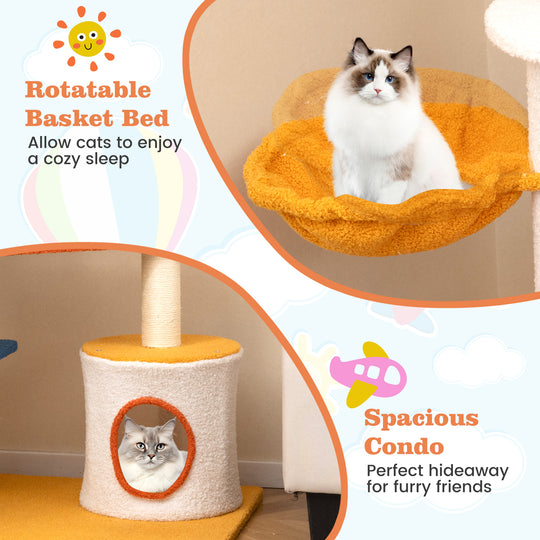 70 Inch Tall Aviation-themed Cat Tree with Helicopter Top Perch and Platforms-Yellow
