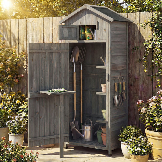 70 Inch Tall Garden Tool Storage Cabinet with Lockable Doors and Foldable Table