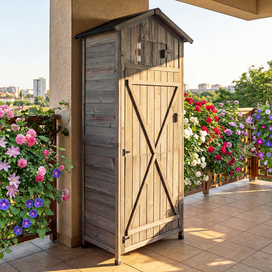 70 Inch Tall Garden Tool Storage Cabinet with Lockable Doors and Foldable Table