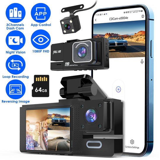 WiFi FHD 1080P Car Dash Cam 3 Channels Front Rear Inside Dash Camera with Loop Recording Reversing Image Night Vision 170¡ Wide Angle Support 64G MMC