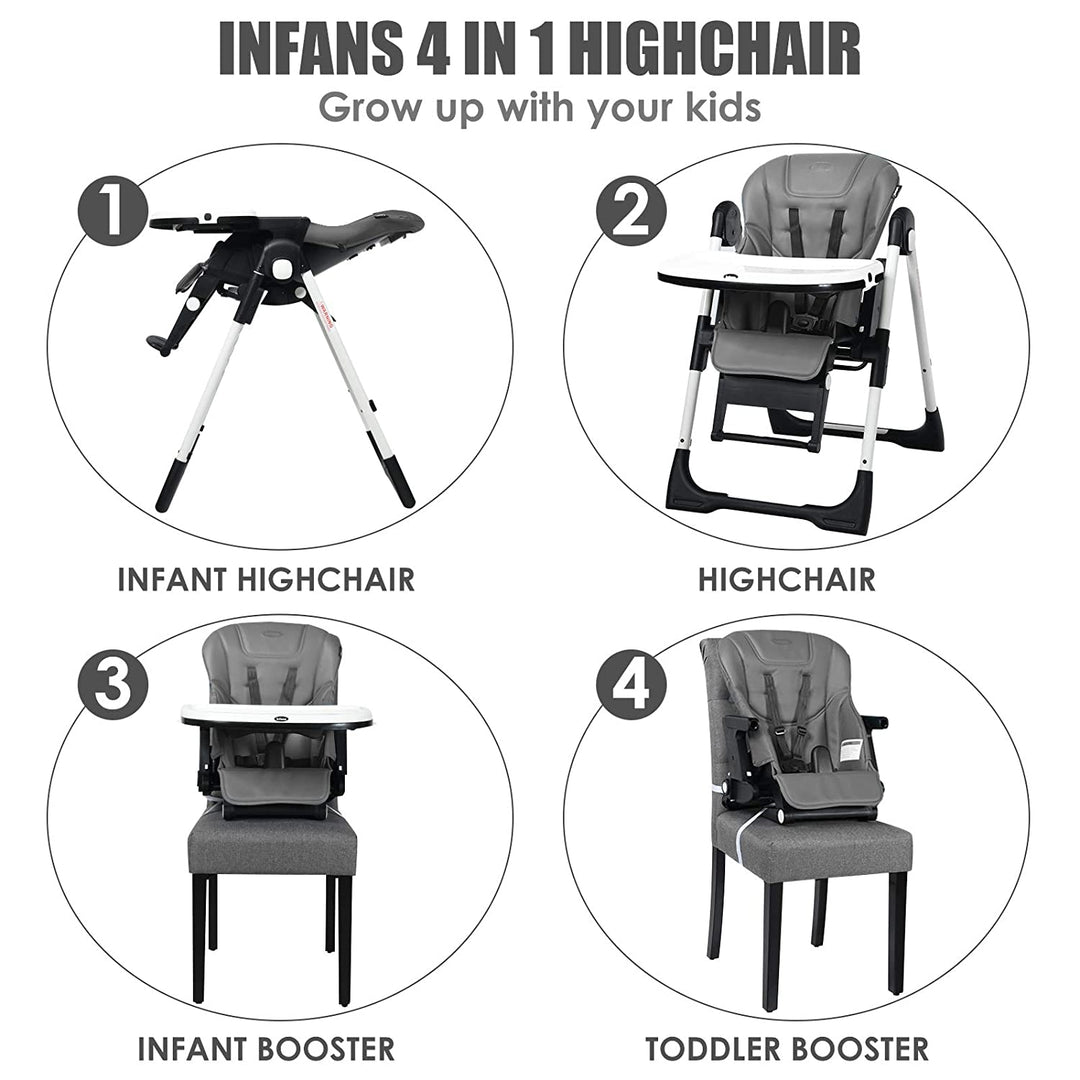 4-in-1 High Chair–Booster Seat with Adjustable Height and Recline-Gray
