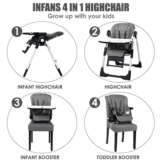 4-in-1 High Chair–Booster Seat with Adjustable Height and Recline-Gray