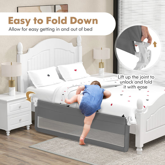71 Inch Extra Long Swing Down Bed Guardrail with Safety Straps-Gray