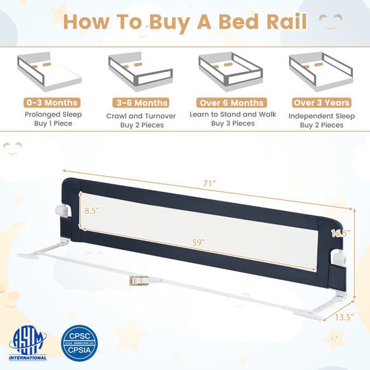 71-Inch Foldable Bed Rail Swing Down Baby Bed Guard Rail with Adjustable Safety Strap-Blue