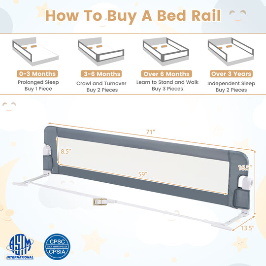 71-Inch Foldable Bed Rail Swing Down Baby Bed Guard Rail with Adjustable Safety Strap-Gray