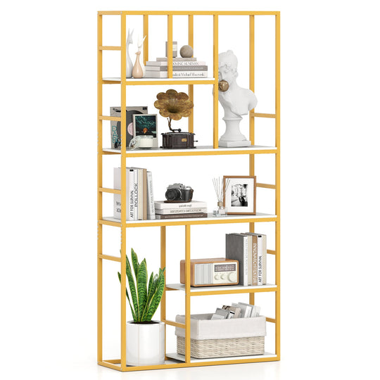 71 Inch Tall Bookshelf Metal Frame 5-Tier Geometric Bookcase-White & Golden