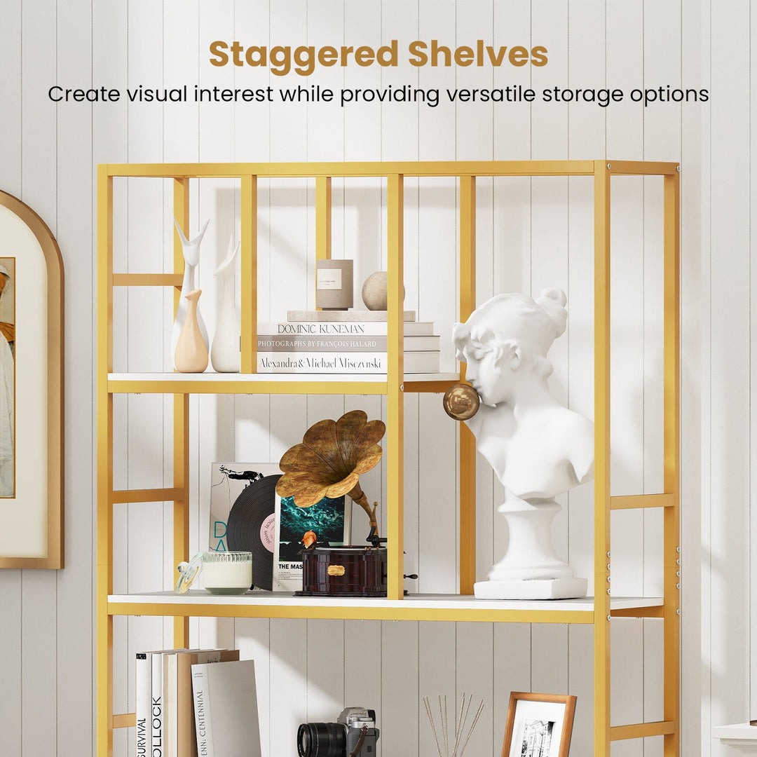 71 Inch Tall Bookshelf Metal Frame 5-Tier Geometric Bookcase-White & Golden