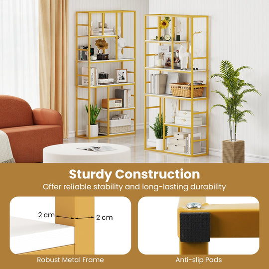 71 Inch Tall Bookshelf Metal Frame 5-Tier Geometric Bookcase-White & Golden