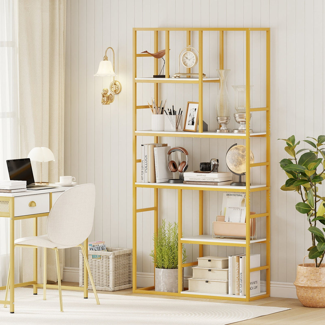 71 Inch Tall Bookshelf Metal Frame 5-Tier Geometric Bookcase-White & Golden