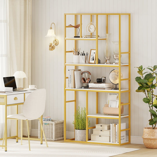 71 Inch Tall Bookshelf Metal Frame 5-Tier Geometric Bookcase-White & Golden