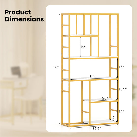 71 Inch Tall Bookshelf Metal Frame 5-Tier Geometric Bookcase-White & Golden