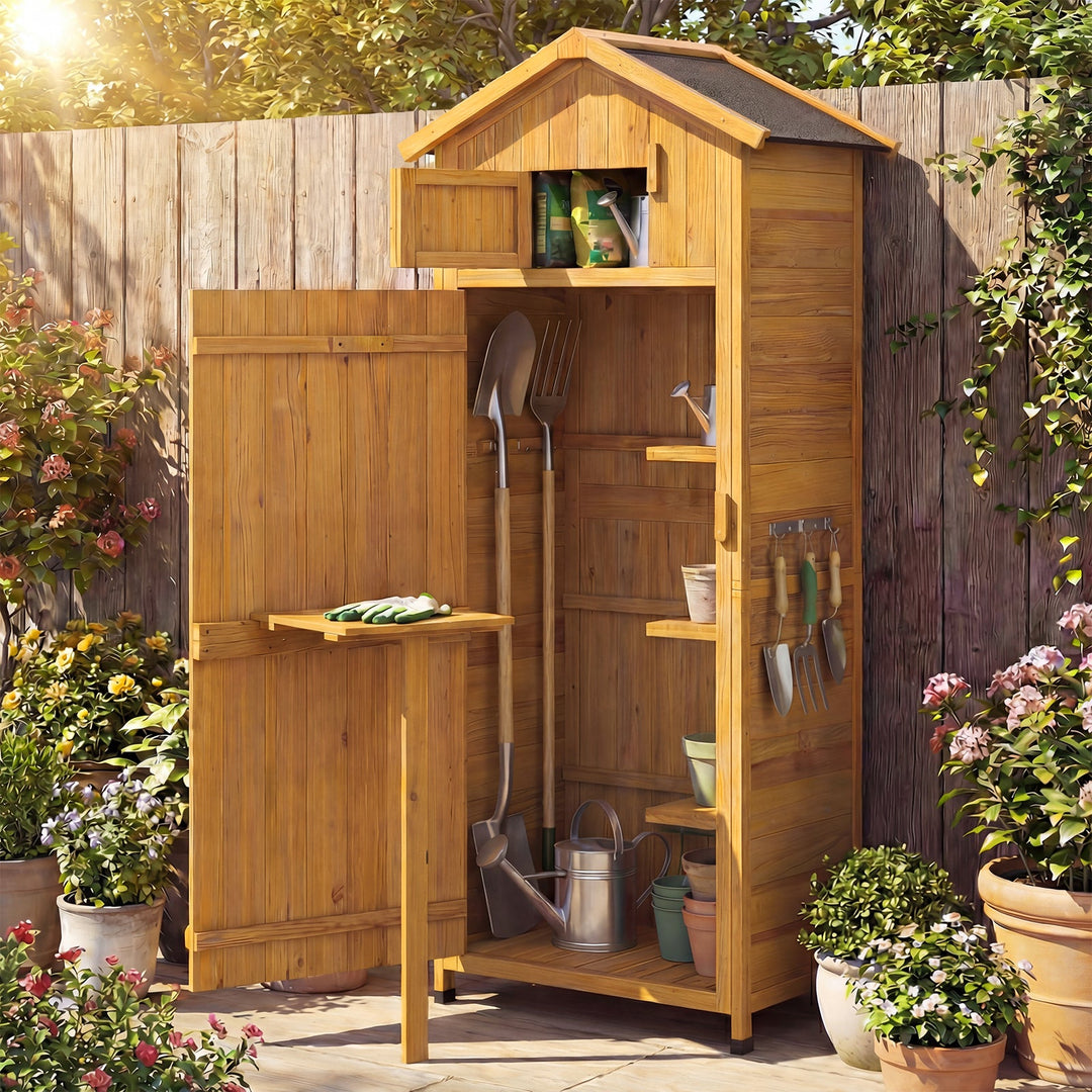 70 Inch Tall Garden Tool Storage Cabinet with Lockable Doors and Foldable Table
