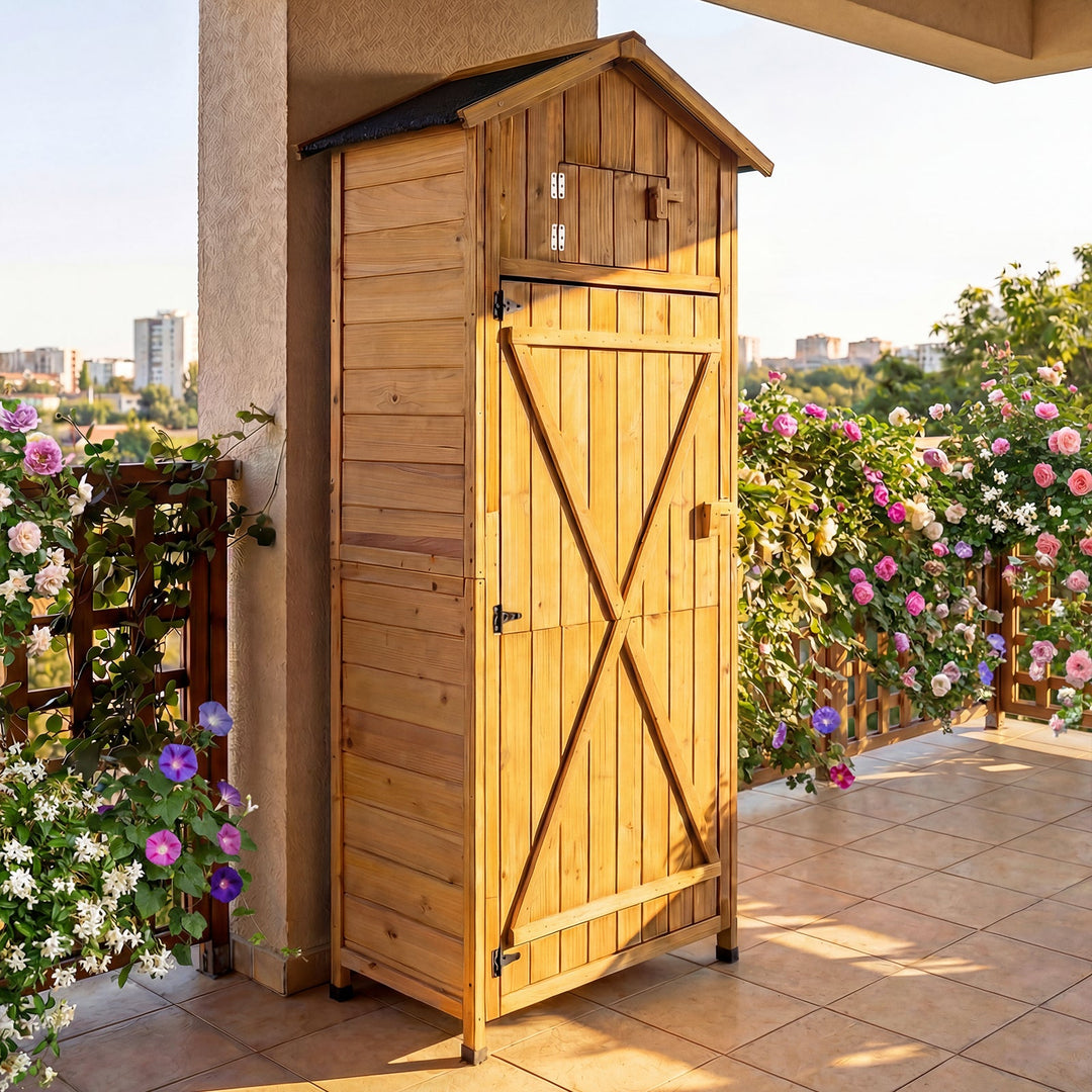 70 Inch Tall Garden Tool Storage Cabinet with Lockable Doors and Foldable Table