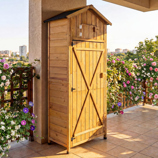 70 Inch Tall Garden Tool Storage Cabinet with Lockable Doors and Foldable Table