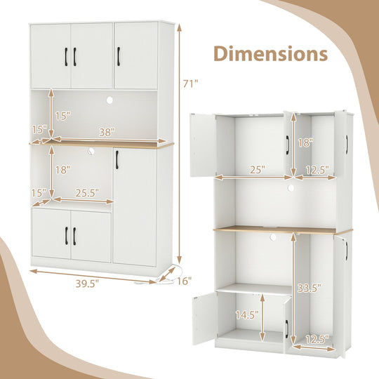 71" Tall Kitchen Pantry Cabinet with Charging Station Wooden Buffet Cupboard Sideboard