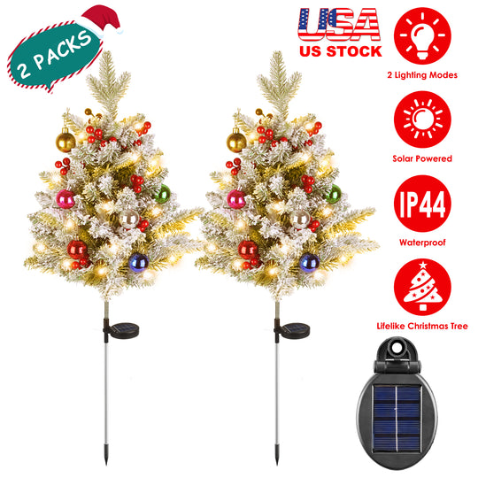 2Pcs Solar Powered Lighted Christmas Tree Urn Filler With Light Artificial Xmas Trees Light with Berries Decor Balls LED Pathway Pine Tree IP44 Waterp