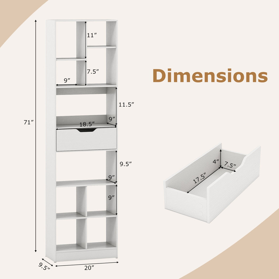 71inch Tall Freestanding Bookcase with Drawer 10-Cube Storage Organizer