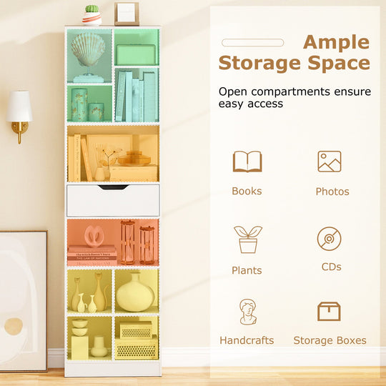 71inch Tall Freestanding Bookcase with Drawer 10-Cube Storage Organizer