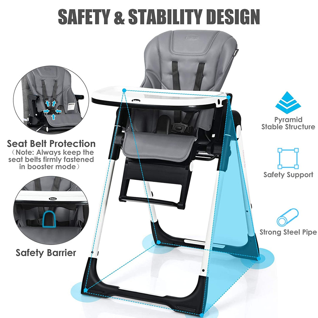 4-in-1 High Chair–Booster Seat with Adjustable Height and Recline-Gray