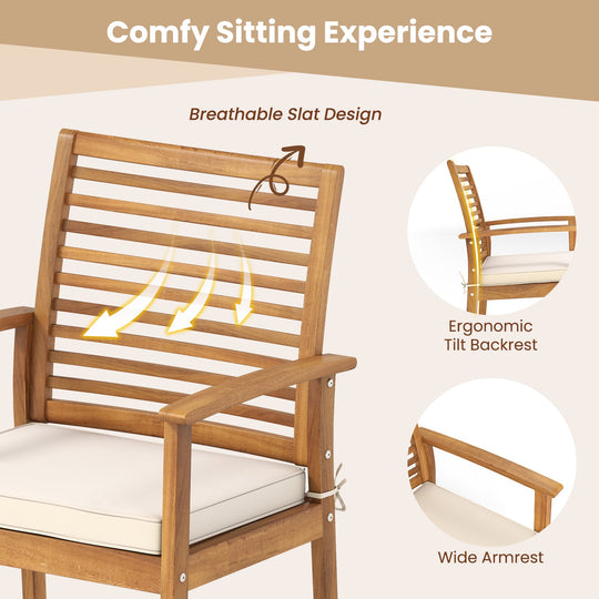 Outdoor Patio Dining Chairs Set of 2 with Removable Padded Cushion and Slatted Backrest-Beige