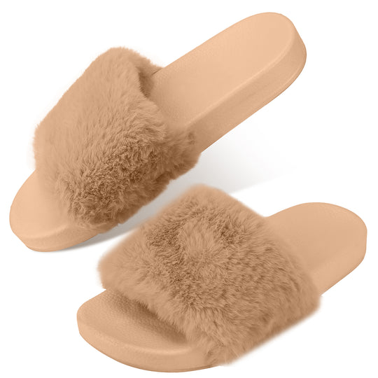 Women Faux Fur Slippers Open Toe Indoor Outdoor Flat Slide Sandals Anti-skid Lady House Shoes