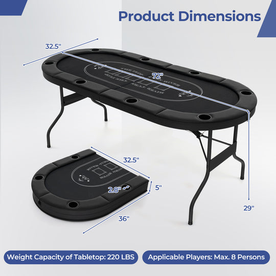 72 Inch Foldable Poker Table for 8 Players Portable Oval Card Board Game Table-Black