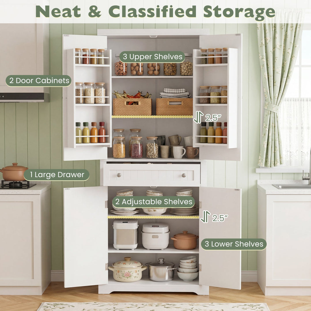 72" Tall Kitchen Pantry Cabinet with 4 Fluted Doors - White