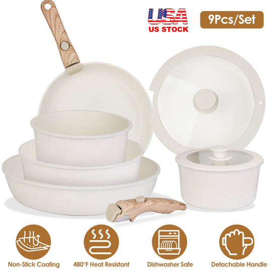 9Pcs Nonstick Cookware Set Kitchen Pots and Pans Set With Detachable Handles Tempered Glass Lids Dishwasher Oven Safe Aluminum Alloy Kitchen Cookware