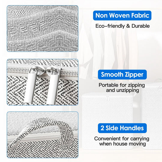 4 Pack Foldable Non Woven Storage Bags Closet Organizers Wardrobe Sorting Baskets with 2 Handles Dustproof Lid Zipper for Clothes Quilt 30L 110L 150L