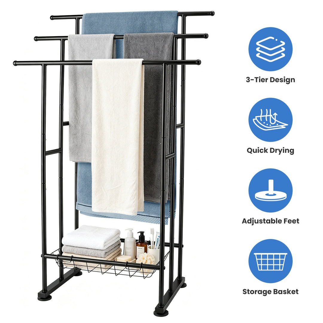 3-Tier Freestanding Towel Rack with Storage Basket - Black