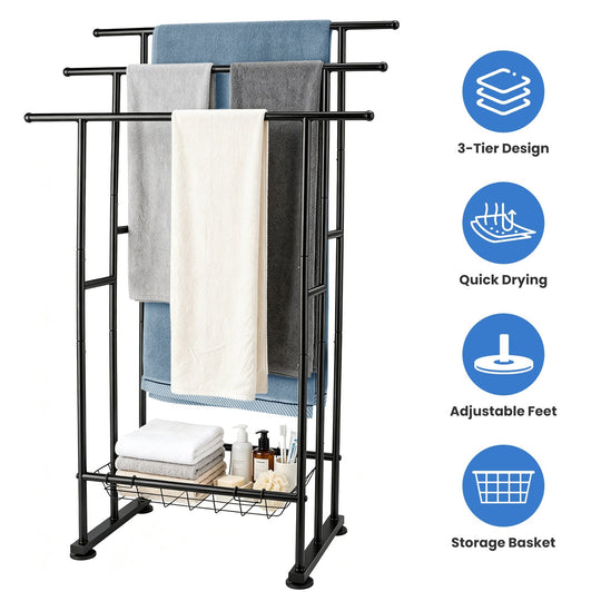 3-Tier Freestanding Towel Rack with Storage Basket - Black