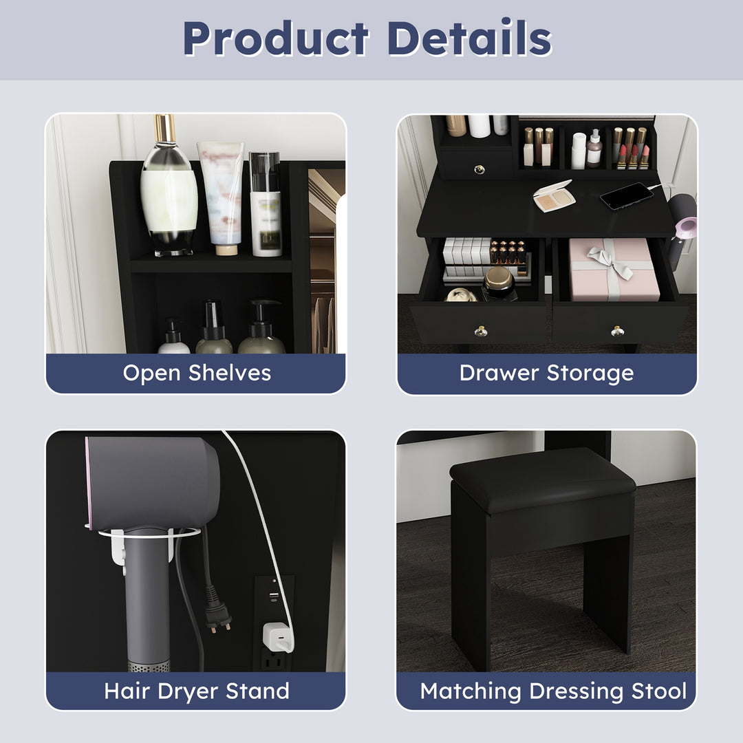Vanity Desk Set Makeup Dressing Table with Stool, Lighted Mirror, 3 Drawers, 3 Open Shelves, 3 Open Cubbies, Power Stati