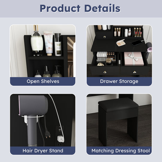 Vanity Desk Set Makeup Dressing Table with Stool, Lighted Mirror, 3 Drawers, 3 Open Shelves, 3 Open Cubbies, Power Stati