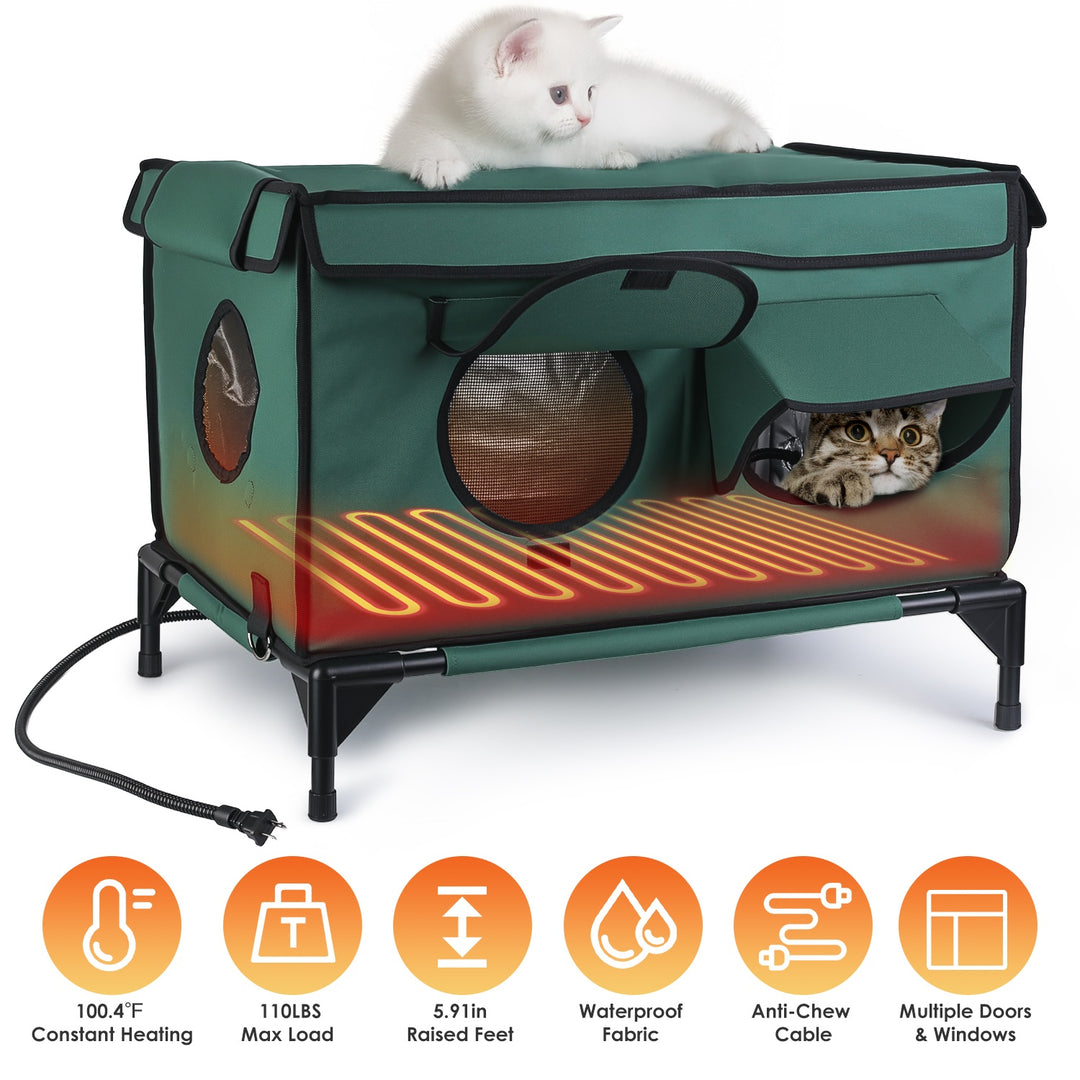 Waterproof Heated Cat House Outdoor Weatherproof Insulated Kitty Shelter Feral Cat Heating Bed with Heating Pad Anti-Chew Cord 2 Doors 3 Windows for I