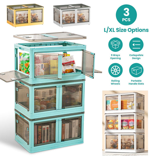 3Pcs Foldable Storage Bins with Lid 4 Doors Collapsible Stackable Closet Organizer Containers with Lock 4Pcs Wheels