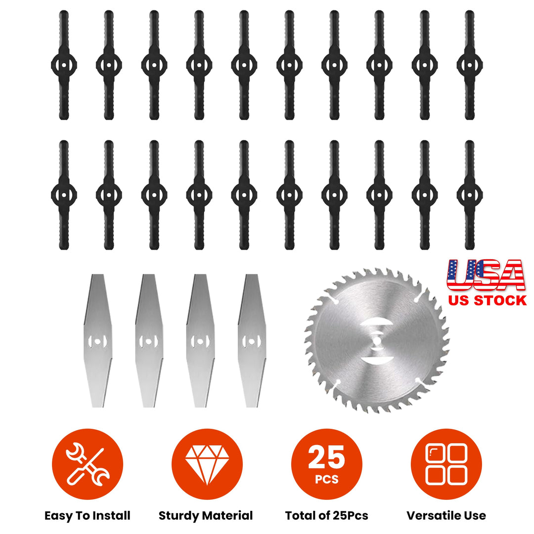 25Pcs Trimmer Blades Head Replacement Set 1Pc 5.91” Alloy Blade 4Pcs 5.71” Stainless Steel Blades 20Pcs 5.31” Plastic Bl