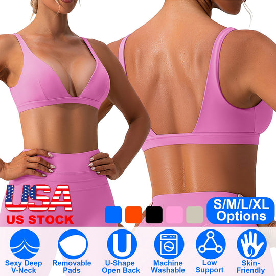Women Deep V-Neck Sports Bras U-Shaped Back Sport Bras Padded StrappyÊCrop Open Back Low Impact Bras SexyÊFitnessÊTank Tops with Removable Pads for Gy