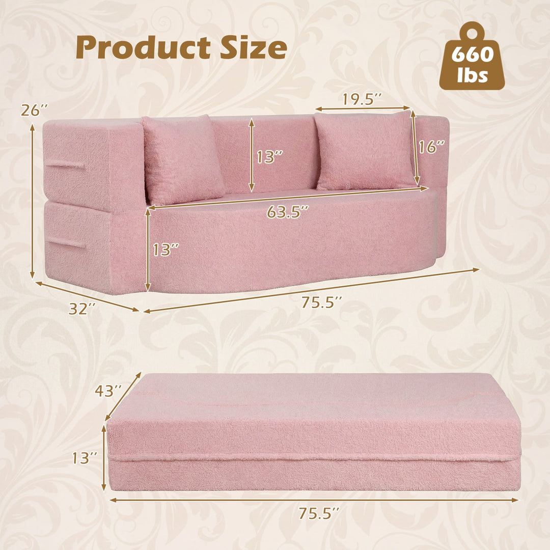 75.5 inch Folding Sofa Bed 2-in-1 Convertible Teddy Fleece Floor Loveseat with 2 Comfortable Pillows