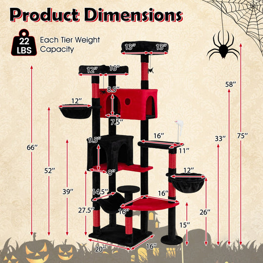 Gothic Cat Tree 75 Inch with Dual Perches and Houses