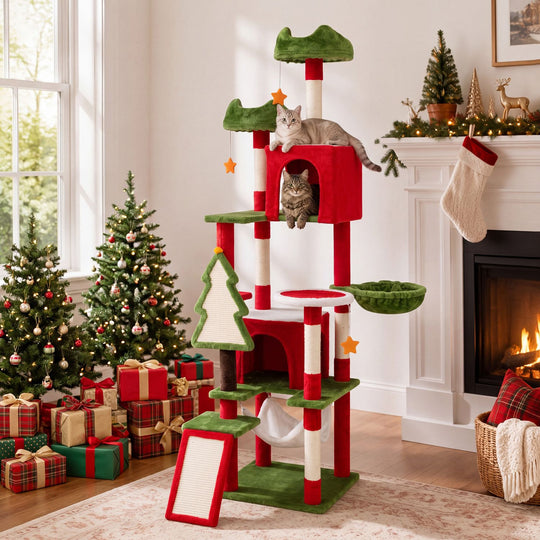 75 Inch Tall Christmas Cat Tree Tower Multi-Level with 2 Large Condos-Red