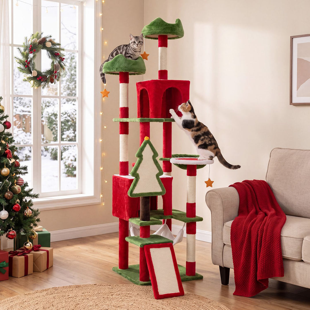 75 Inch Tall Christmas Cat Tree Tower Multi-Level with 2 Large Condos-Red