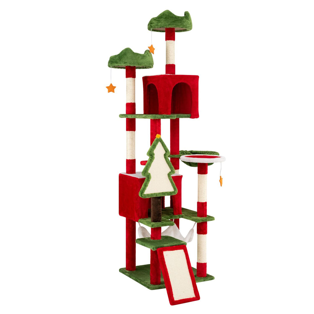 75 Inch Tall Christmas Cat Tree Tower Multi-Level with 2 Large Condos-Red
