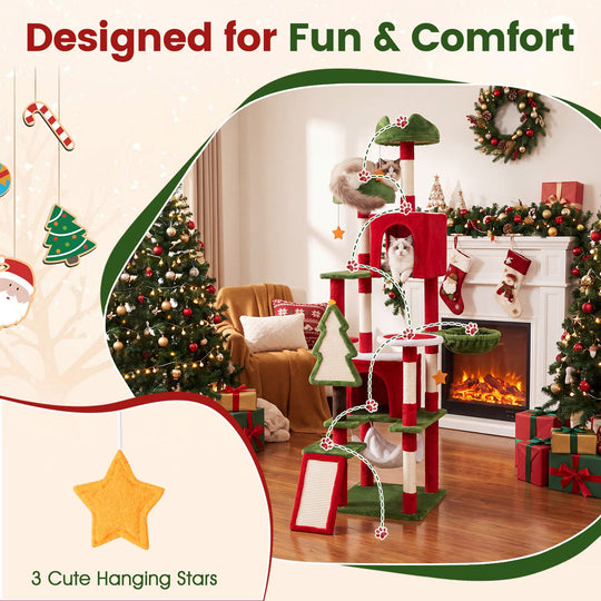 75 Inch Tall Christmas Cat Tree Tower Multi-Level with 2 Large Condos-Red