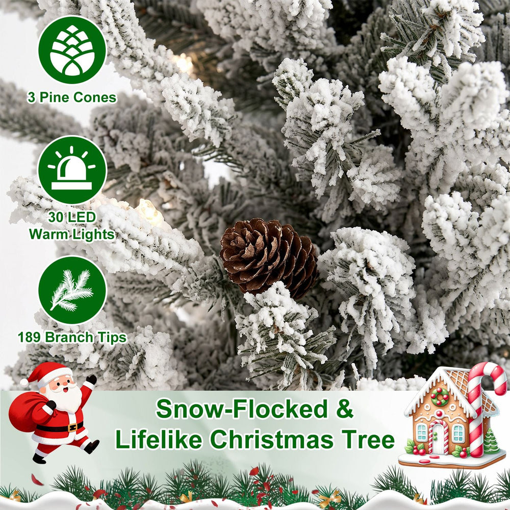 2FT Pre-Lit Flocked Christmas Tree with Pot & Pine Cones