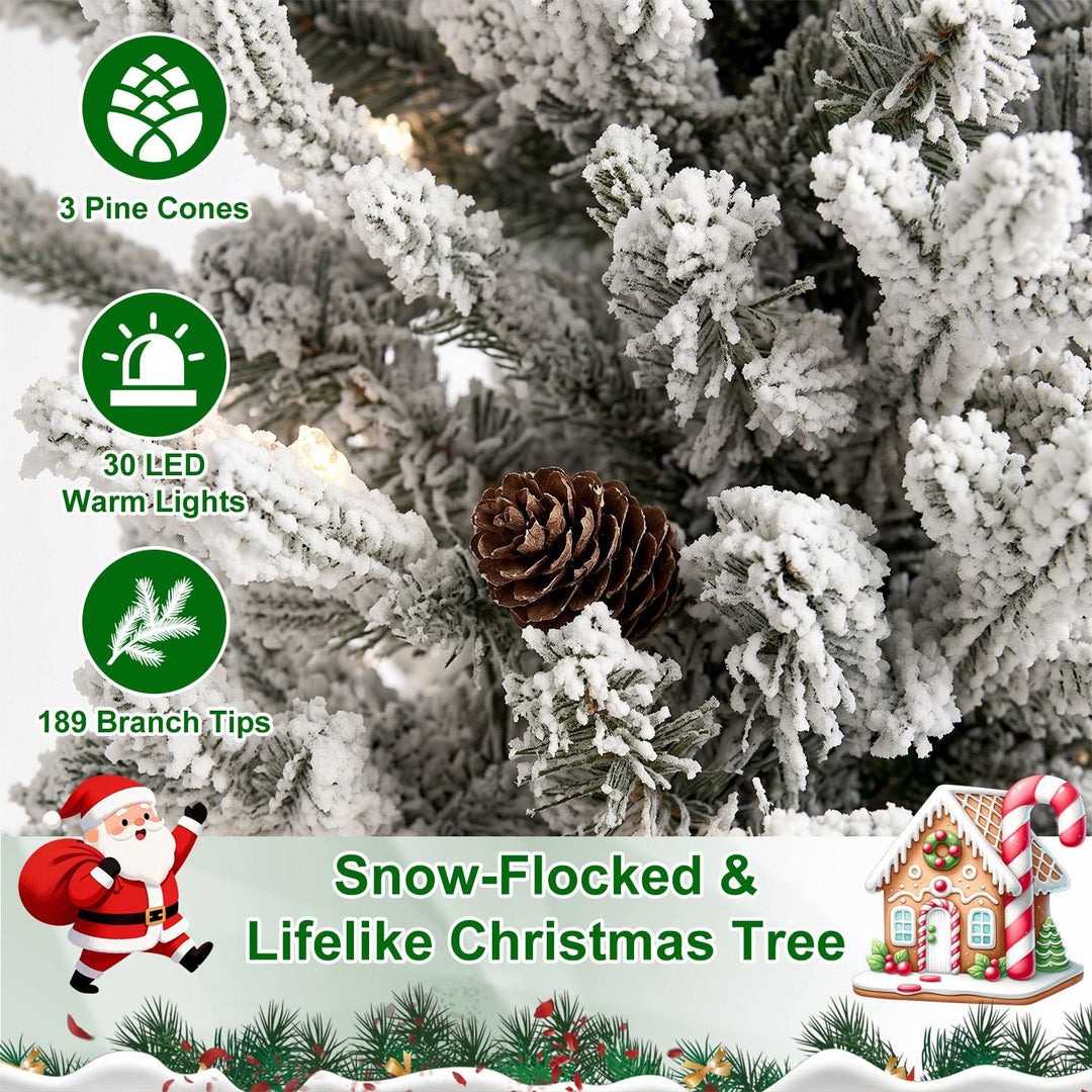 2FT Pre-Lit Flocked Christmas Tree with Pot & Pine Cones
